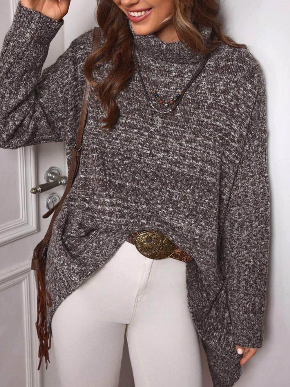 Coffee Brown Casual Women's High Neck Drop Shoulder Loose Rib-Knit Pullovers